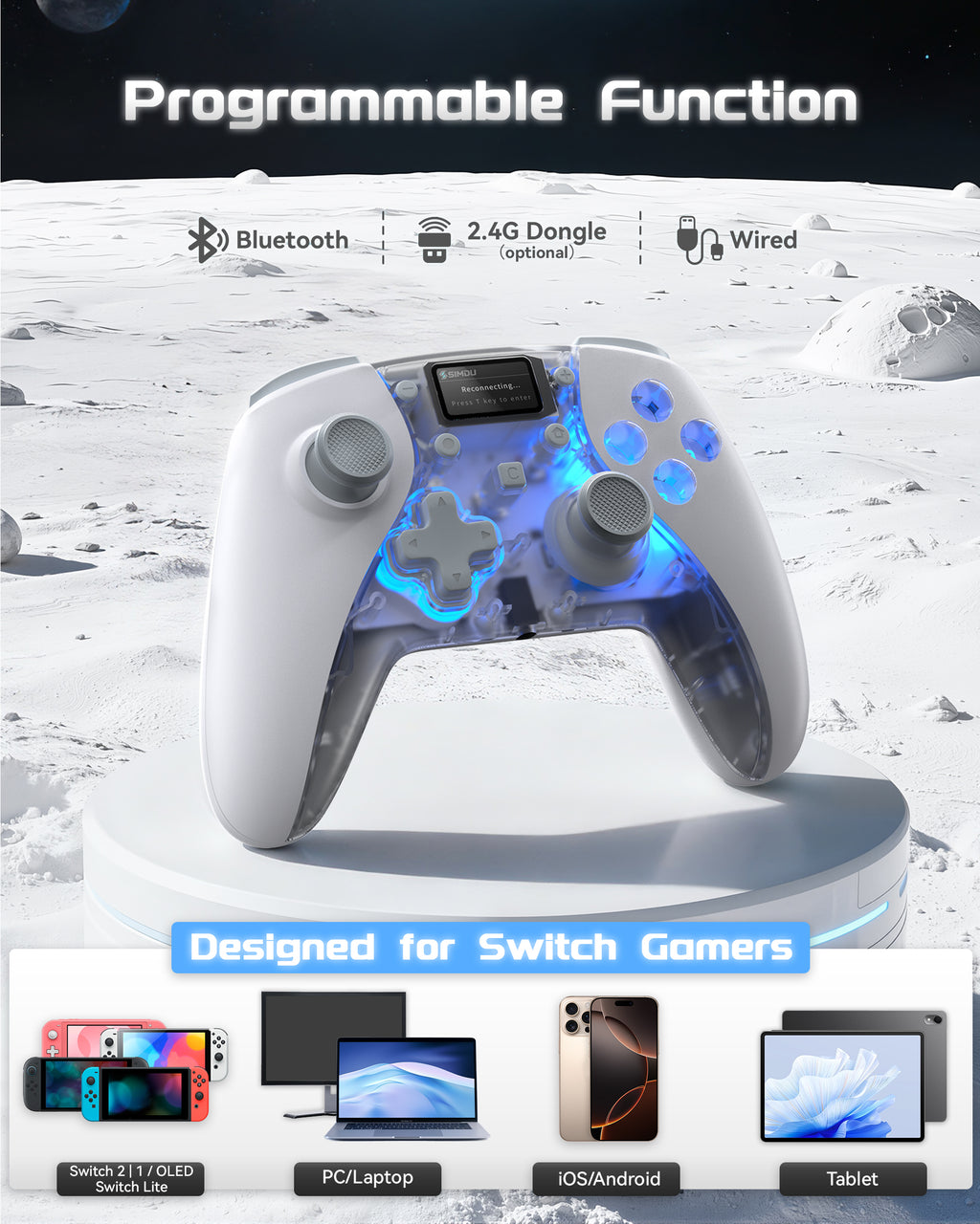 SIMDU Starship-01 Wireless Game Controller with RGB Lighting, Hall Effect Joysticks & Motion Control